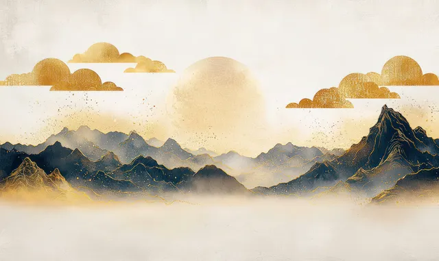Golden sunrise over misty mountain range with stylized clouds