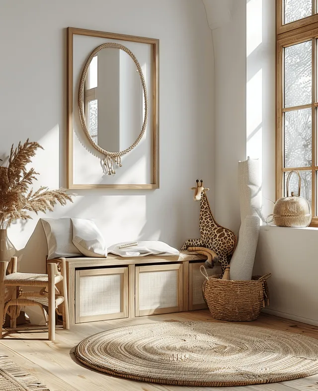 Light wood picture frame mockup on a white wall in a bright kids room with toys and natural window light.