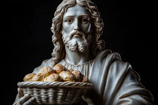 A white marble bearded statue holds a basket of bread rolls against a dark background.