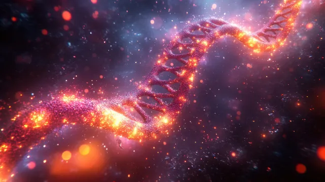 A glowing DNA double helix of particle lights with an orbiting nanotech network in deep space.