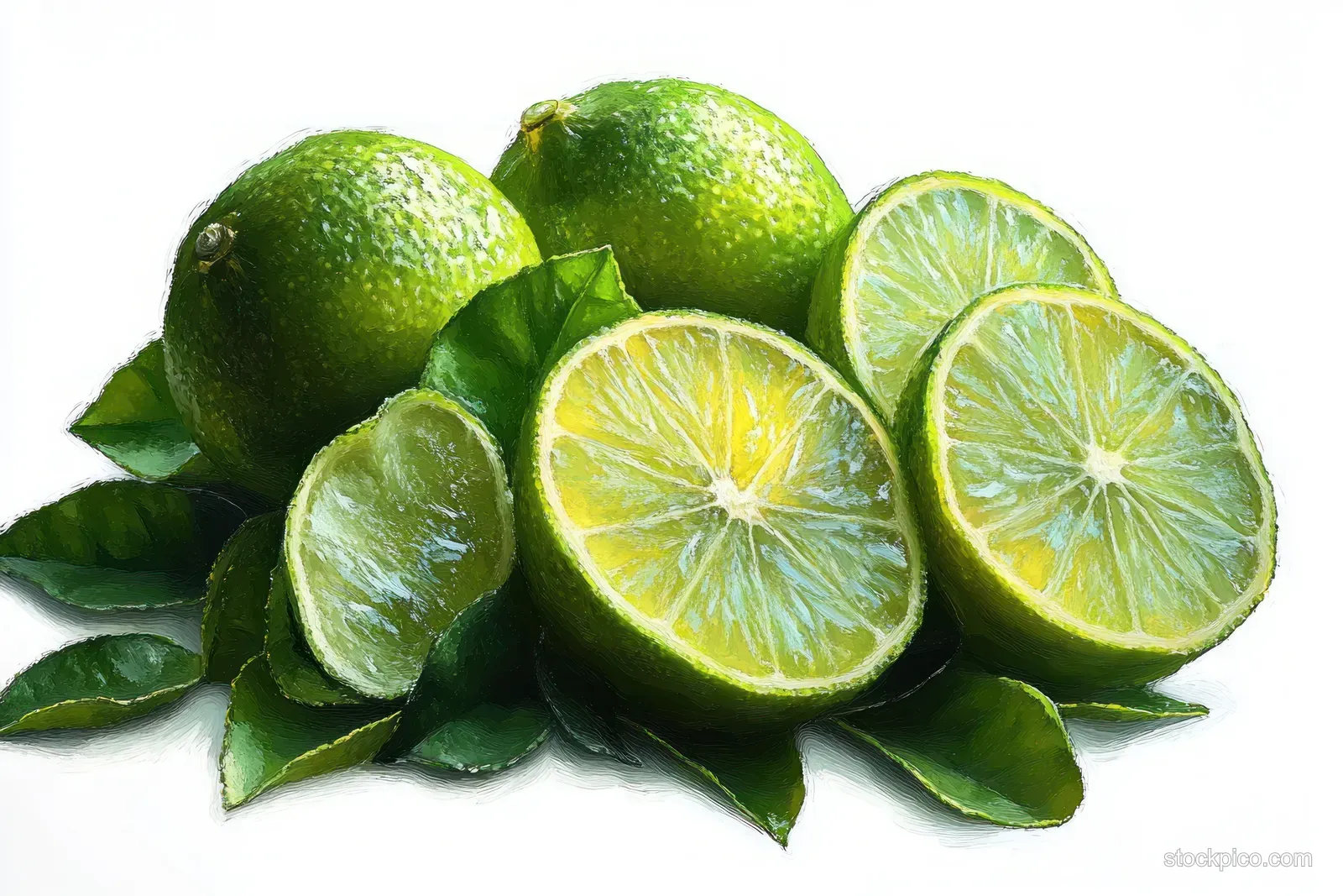 Whole and halved green limes with visible juicy segments rest on green leaves against a bright background.