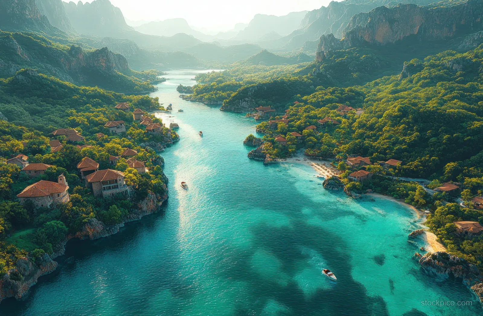 Aerial shot of a fjord winding past a small coastal town with mountains and turquoise water under sunny skies.