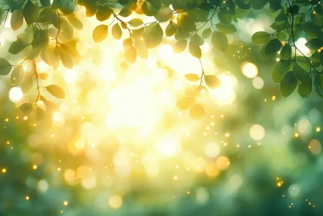 Sunlit forest canopy with glowing bokeh lights, soft rays, and drifting haze