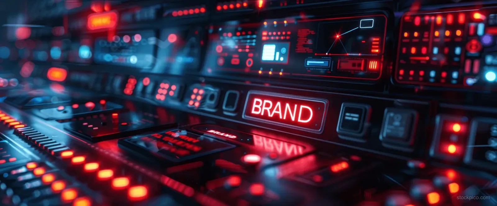 Glowing digital dashboard with charts, panels, and network data for brand strategy.