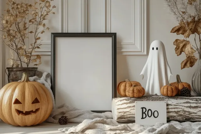 A white ghost figure stands beside pumpkins and a “Boo” sign on a white shelf with a black-framed picture behind.
