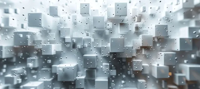 White 3D cubes and blocks glow against a textured abstract wall background.