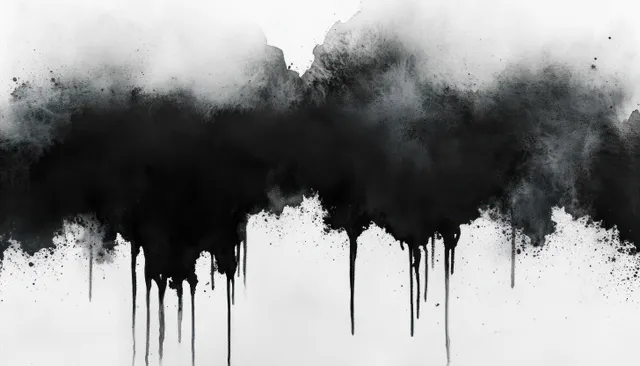 Black and white watercolor ink blot with dripping streaks across textured paper background