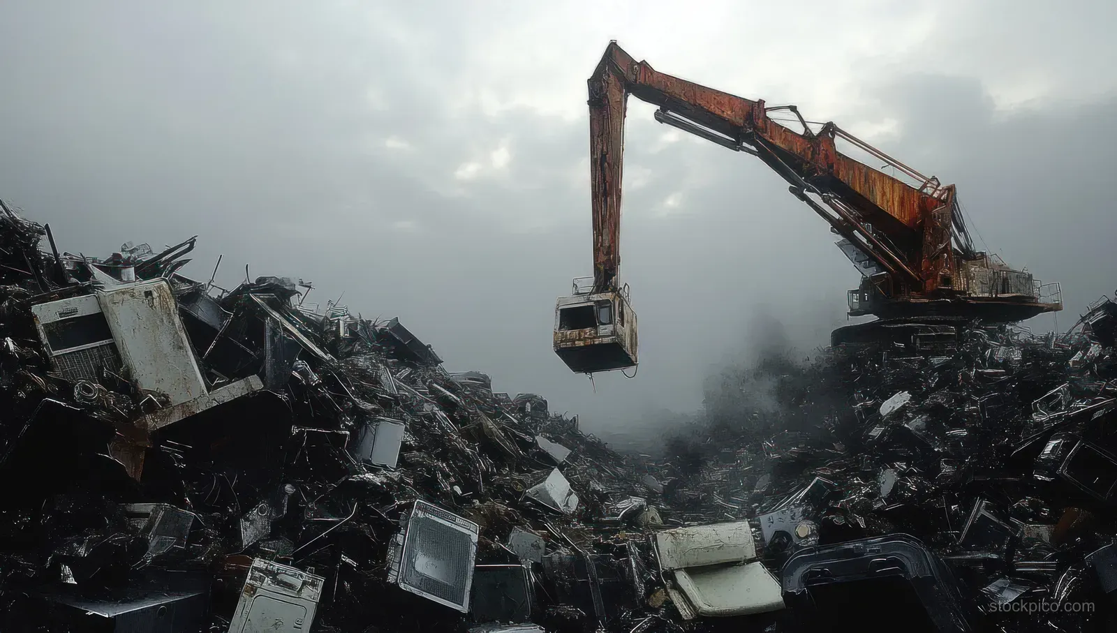 Rusted excavator bucket lifts scrap appliances and steel pieces inside a cloudy scrapyard.