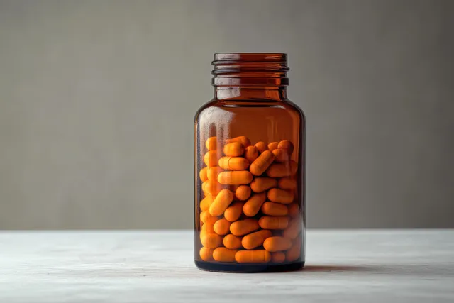 Brown glass bottle filled with orange capsules placed on a light wooden surface against a neutral gray background.