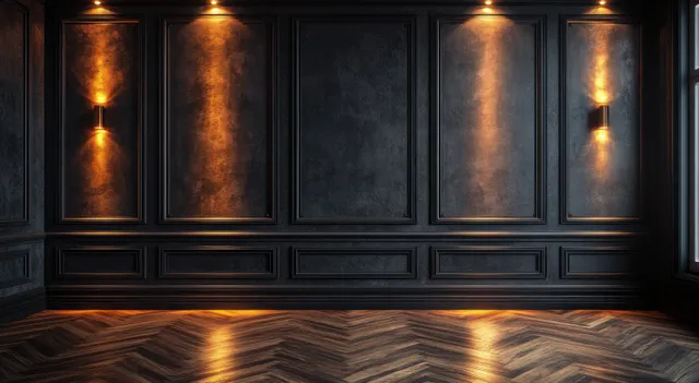 Dark modern room interior with gold wall sconces, decorative panel moldings, and a herringbone wood floor.