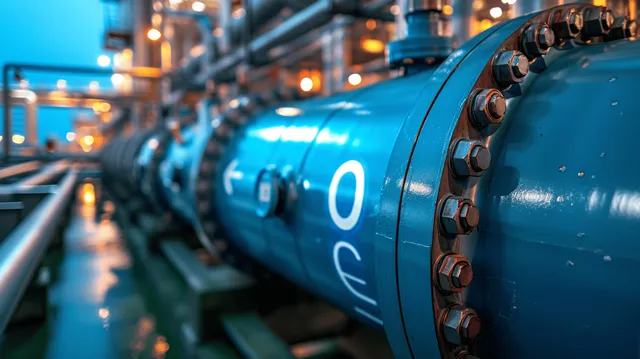 Close-up of a blue hydrogen storage tank showing bolts, valves, and connected steel pipeline in an industrial plant.