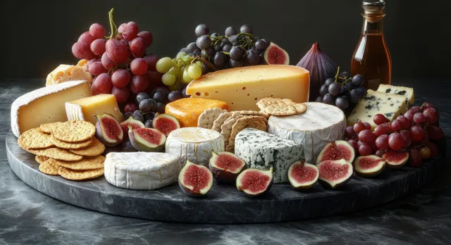 Cheese, crackers, figs, grapes, and a honey bottle arranged on a dark marble platter.