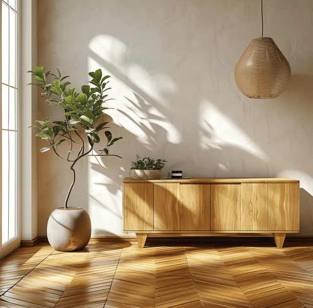 Sunlit minimalist living room with a wooden sideboard, parquet floor, and potted plant in warm light.