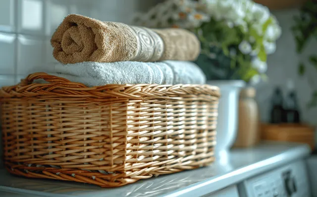 Wicker laundry basket with folded towels resting on a washing machine in a softly blurred laundry room.