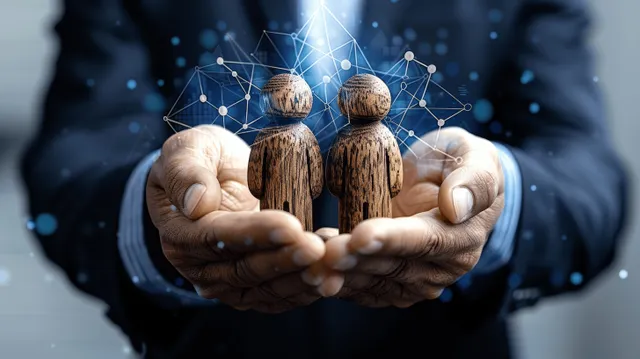A suited executive’s hands tightly hold small wooden employee figures over a blurred corporate background.