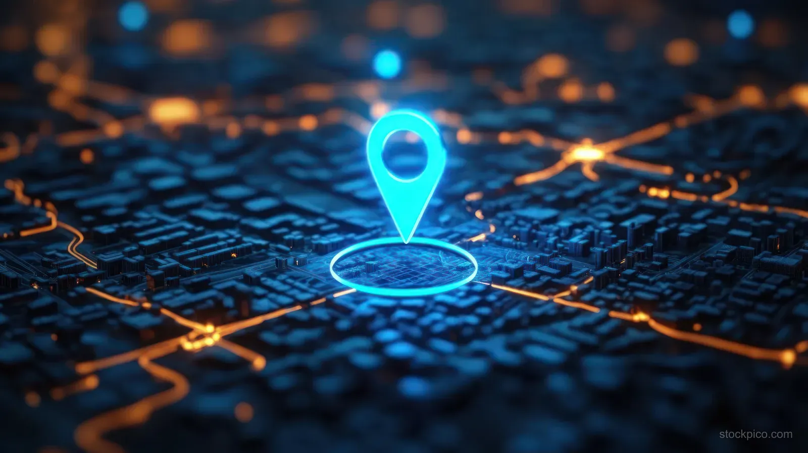 Glowing blue GPS pin hovers above a neon-lit cyberpunk street grid on a city map.
