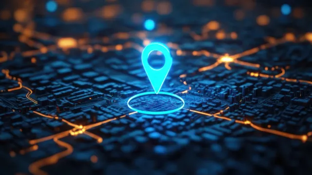 Cyberpunk city map with glowing blue GPS pin hovering above illuminated street grid