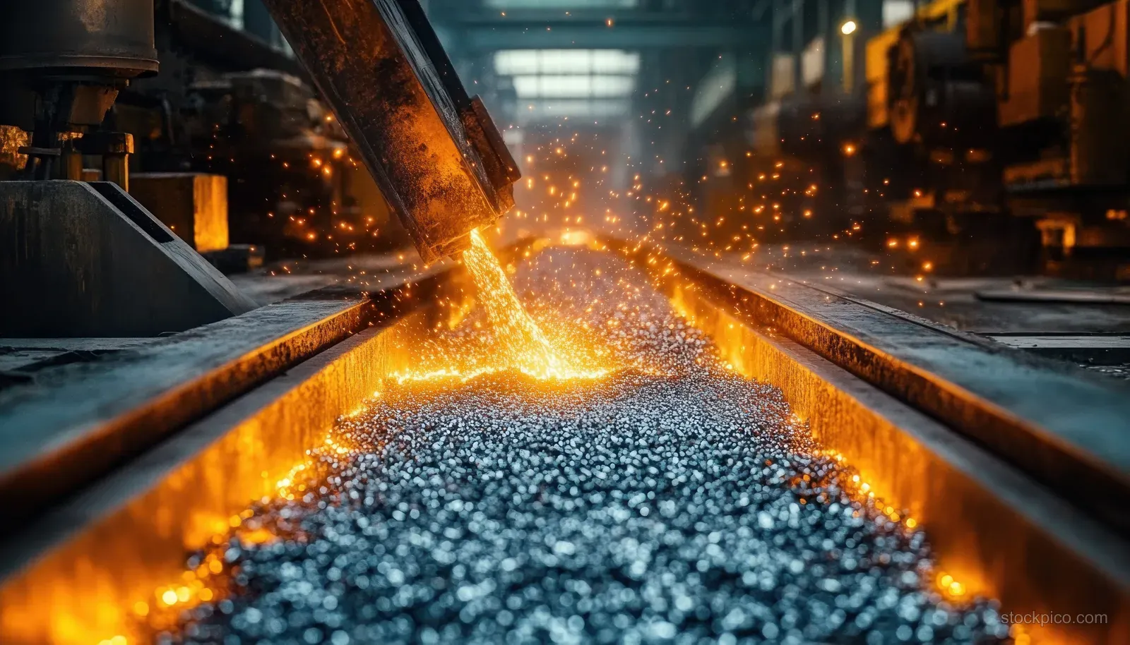 Molten steel pours into a foundry mold, sending bright sparks across a glowing metal bed.