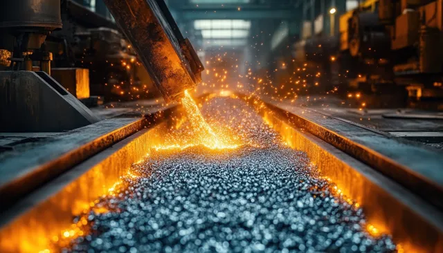 Molten steel pours into a foundry mold, sending bright sparks across a glowing metal bed.