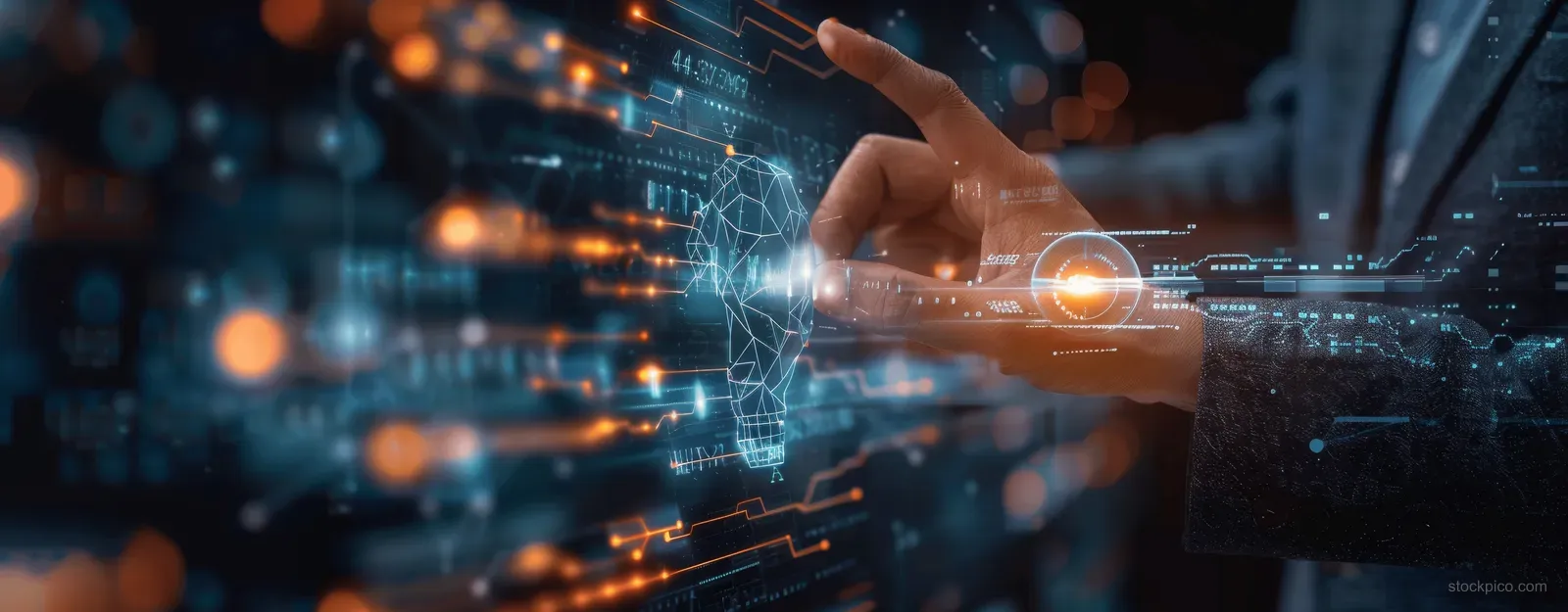 A man’s hand reaches toward a glowing virtual screen displaying big data network analytics.