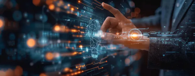 Businessman’s hand tapping a virtual screen with glowing big data network analytics