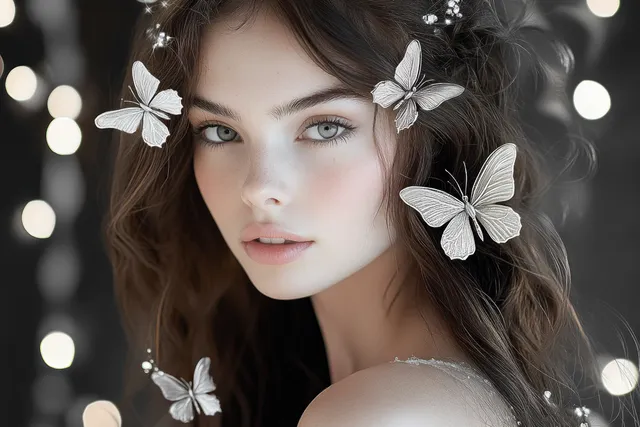 Close-up portrait of a young woman with butterfly hair ornaments and soft glowing bokeh lights behind her.