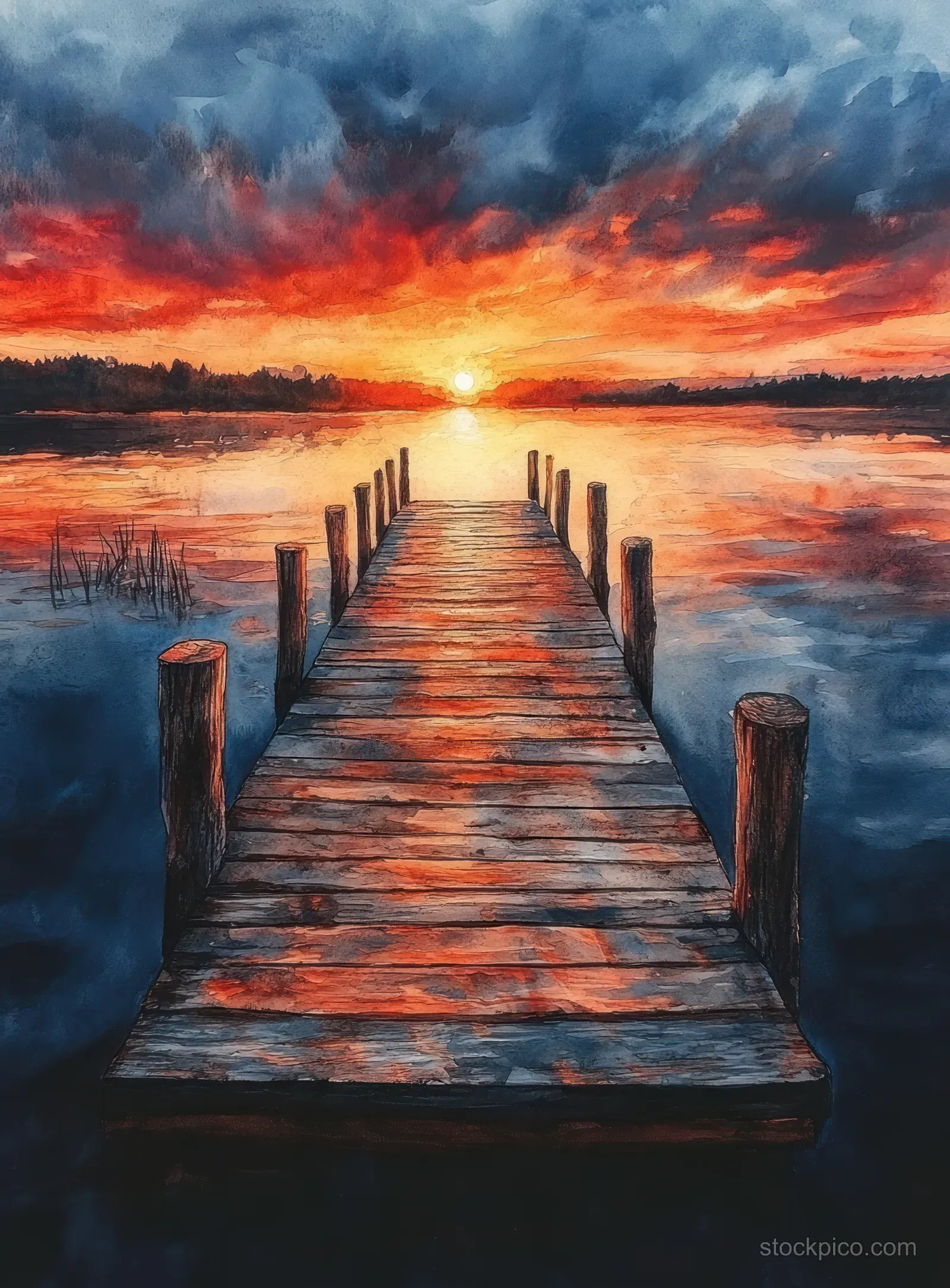 A wooden pier extends into a calm lake under dramatic sunset clouds.