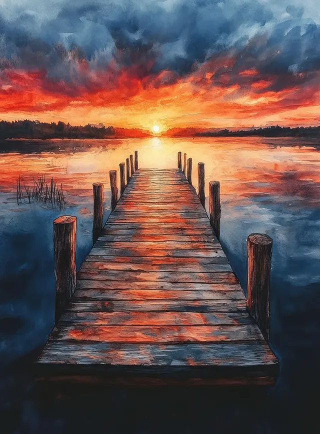 Wooden pier leading into a fiery sunset over a calm lake