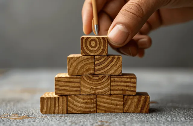 A hand places wooden blocks on a growing stack on a table to suggest target growth progress.
