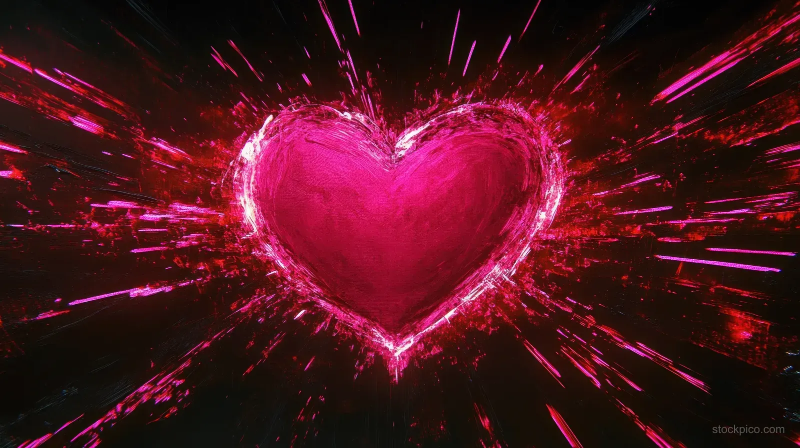 A glowing pink heart explodes into electric energy streaks on a dark background.