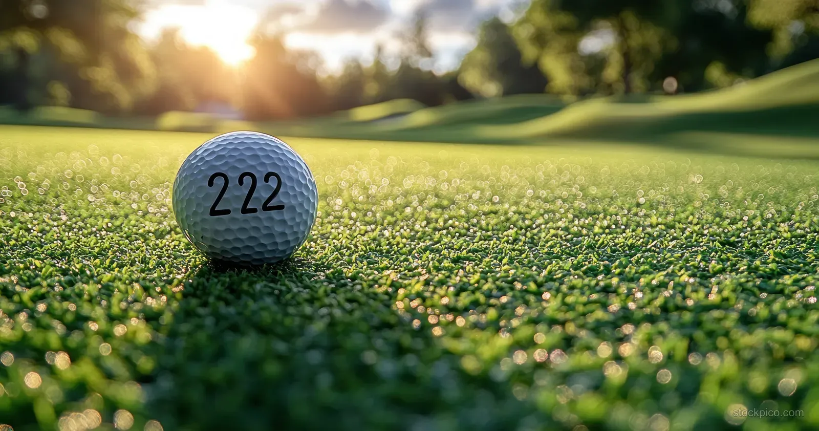 A golf ball marked with 2025 sits on green grass near a hole with sunlight and blurred course background.