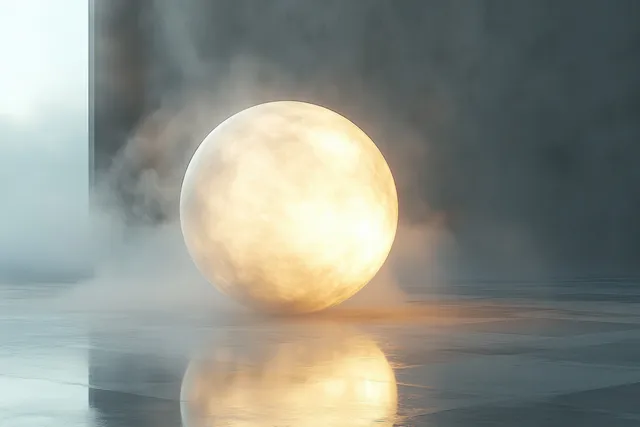 A glowing white orb hovers above a misty reflective floor, creating a soft halo in gray space.