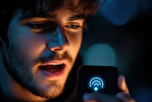 A young man speaks into a smartphone at night while a glowing Wi‑Fi signal icon appears on the screen.