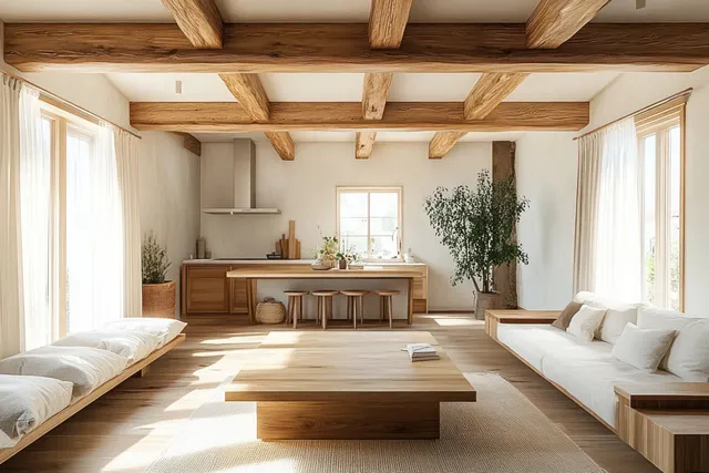 Sunlit open-plan living room and kitchen with exposed wooden ceiling beams, sheer curtains, and minimalist furniture on warm neutrals.