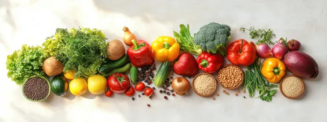 Top-view arrangement of vegetables, grains, nuts, and herbs with avocado, tomatoes, broccoli, and garlic on a white background.