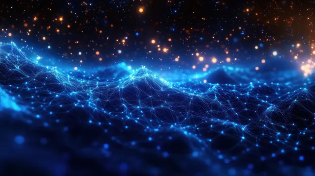 Glowing blue network nodes form a terrain with connecting lines while golden particles float over a dark abstract background.