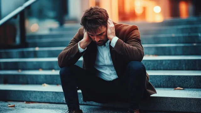 Exhausted businessman in a suit sits on city steps after work, covering his face with his hands.