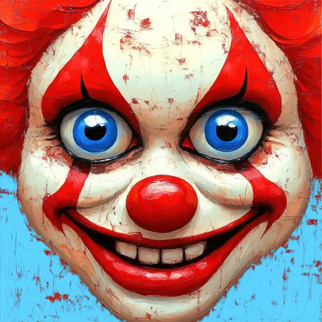 Whimsical clown face illustration with blue eyes, red nose, and pop-art paint splatters