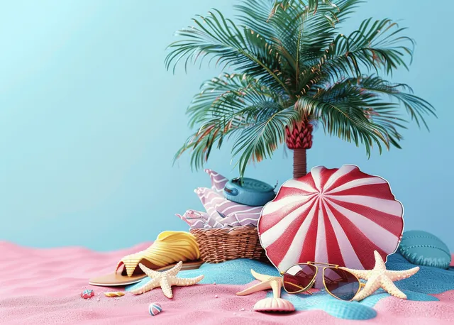 Yellow suitcase, striped umbrella, seashells, and sandals arranged on sand under a palm tree against a blue sky.