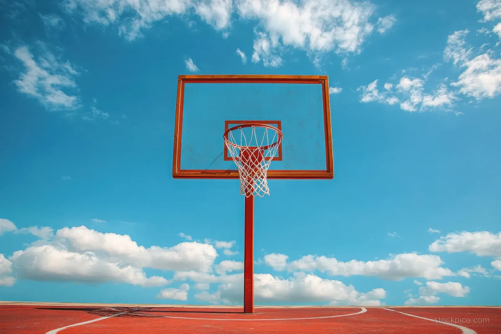 A lone basketball hoop on a red outdoor court beneath a vivid blue sky with scattered clouds.