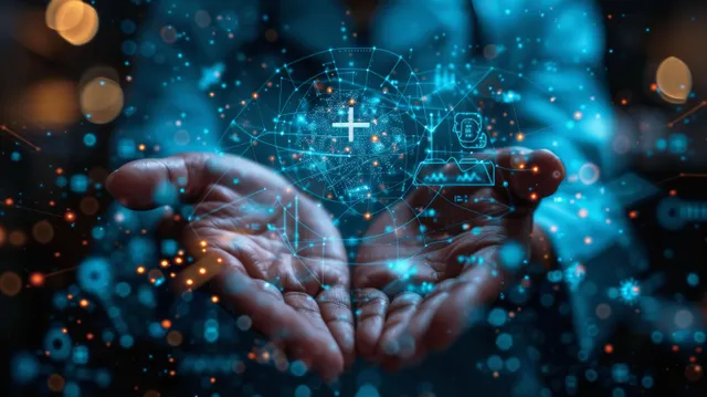 Doctor’s gloved hands present a glowing medical cross icon over a blue digital healthcare network background.