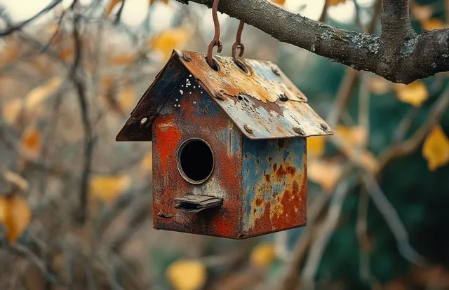 A rusty metal birdhouse hangs from a tree branch while autumn leaves blur in the background.