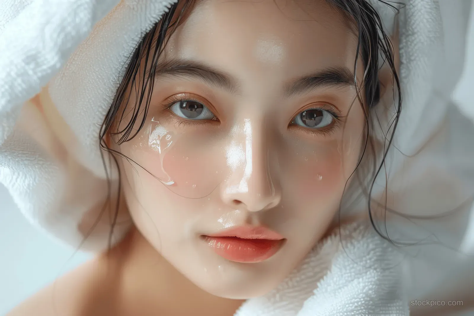 Asian woman with towel on head and water droplets on her face, resting after face washing.