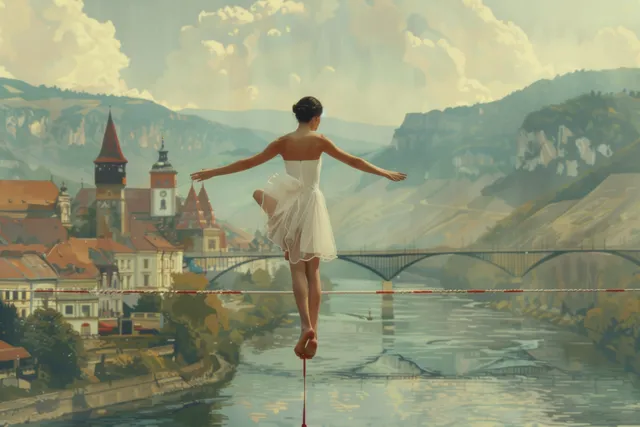 Romanian gymnast stands on uneven bars with a scenic riverside town and mountains behind her.