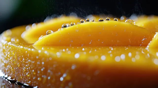 Close-up of yellow mango slices with glistening water droplets on the juicy surface.