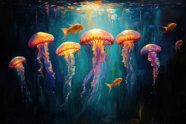 Glowing jellyfish drift above streaked spinefoot fish swimming in blue underwater light.