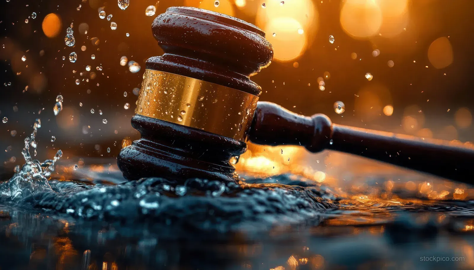 Wooden gavel partially submerged in splashing water with warm golden bokeh lights in the background.