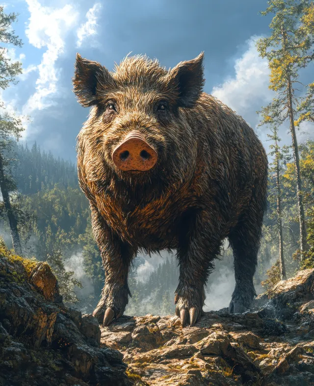 Two-headed wild boar-like prehistoric beast steps through misty forest among rocky stones under dusk light.