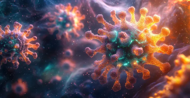 Glowing 3D dengue virus particles with colorful envelope spikes float in a dark science-themed backdrop.