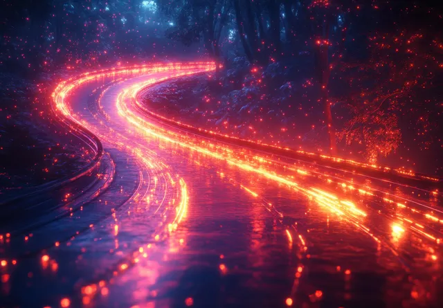 Neon cyberpunk light trails flowing through geometric grid, glowing at night